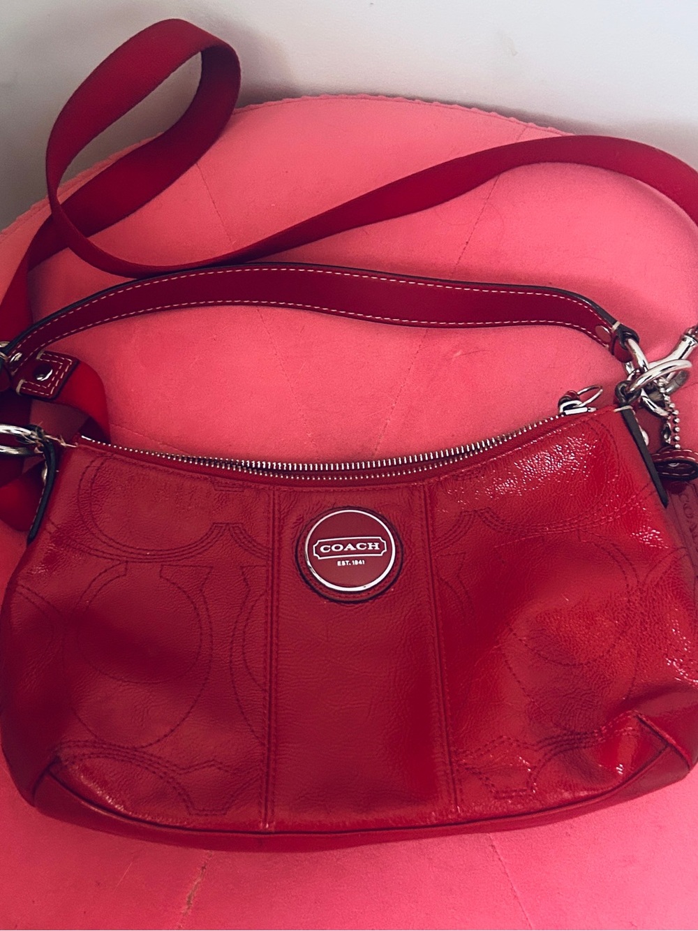 Coach Red Patent Leather Shoulder Bag with Signature Plaque